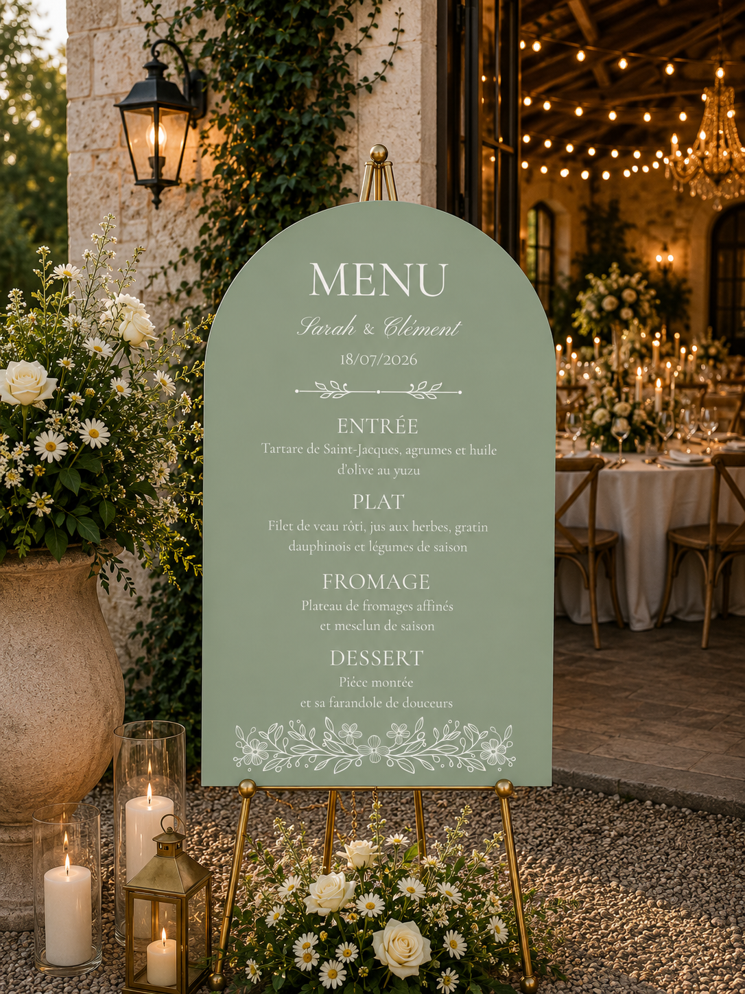 Grand panneau menu de mariage arche vert sauge | Elya