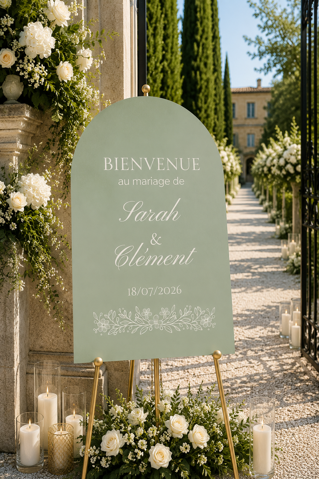 Panneau bienvenue mariage arche vert | Elya