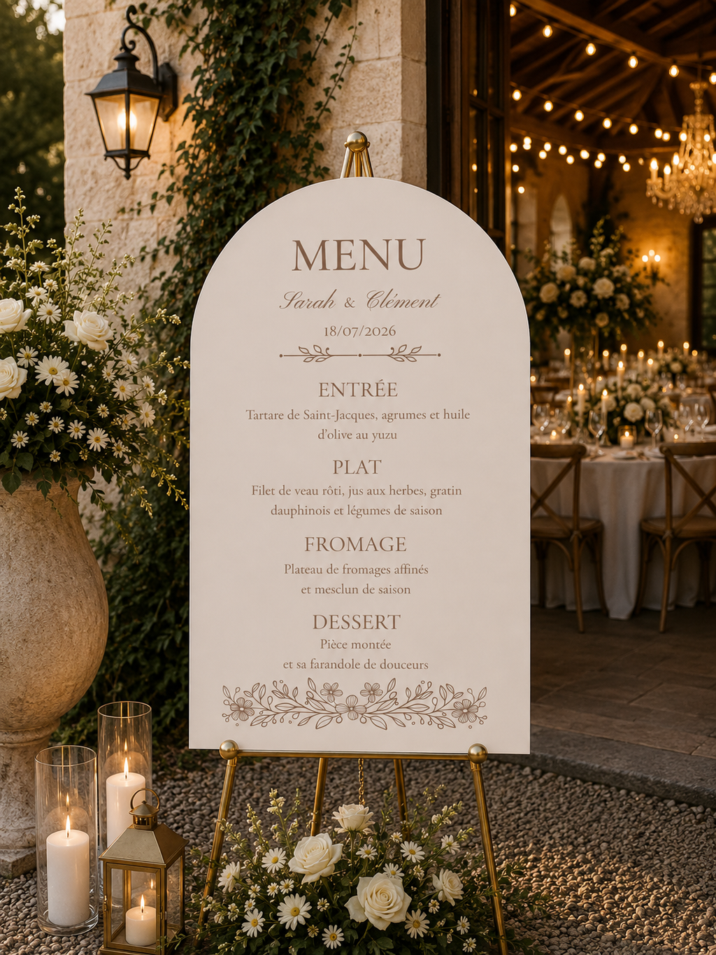 Grand panneau menu de mariage arche beige | Elya