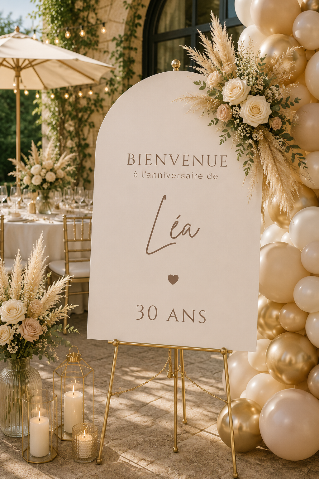 Panneau bienvenue personnalisé anniversaire arche beige | Léa