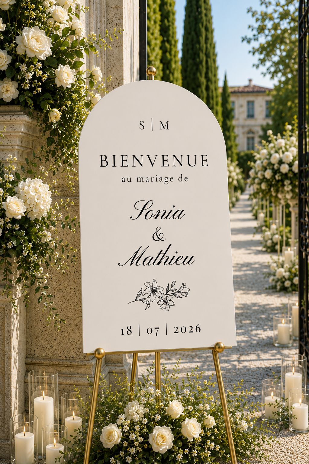 Panneau bienvenue mariage arche blanc signature | Alma