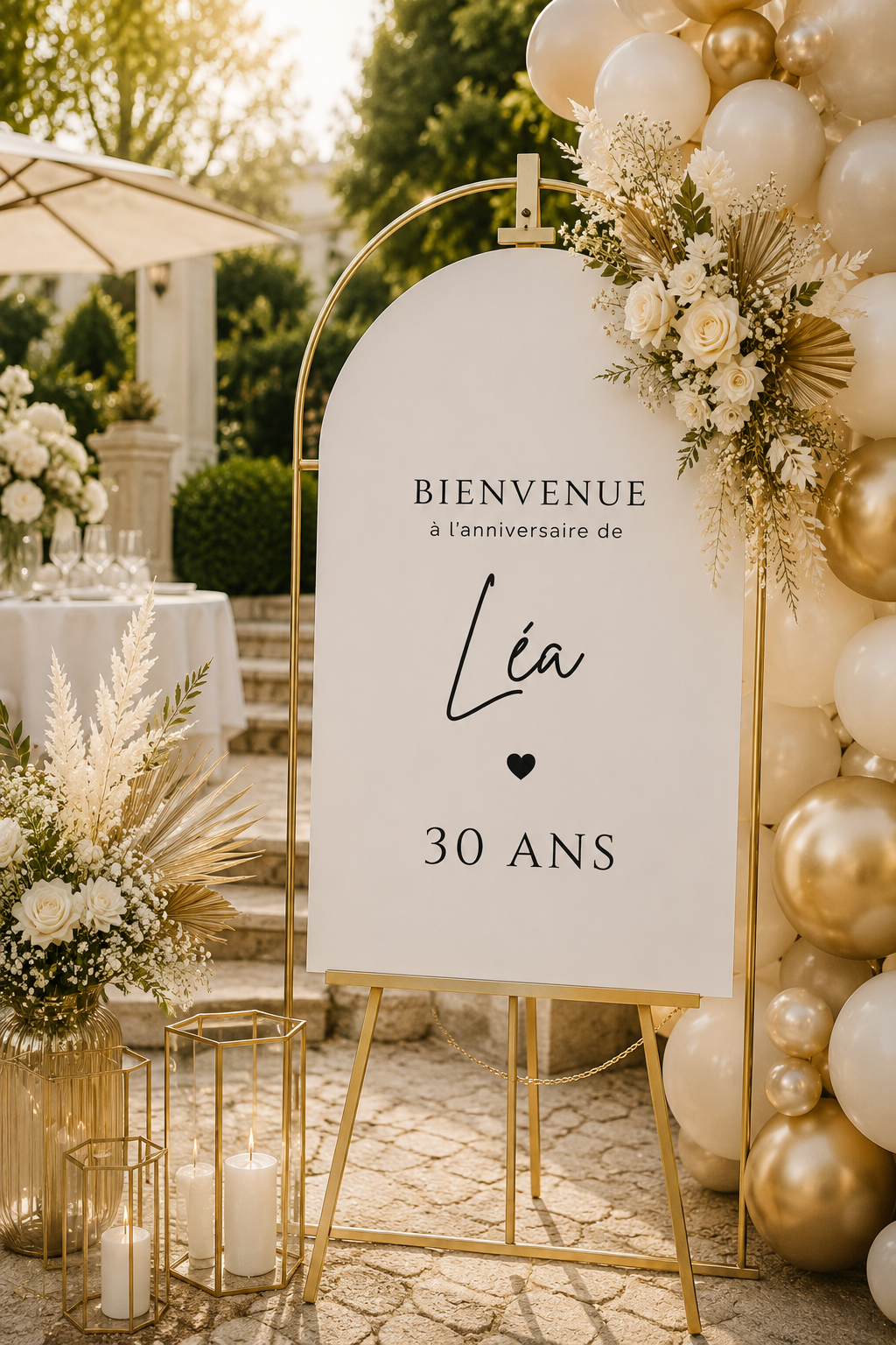 Panneau bienvenue anniversaire personnalisé arche blanc signature | Léa