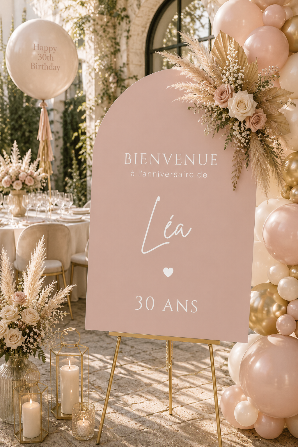 Panneau bienvenue anniversaire personnalisé arche rose poudré | Léa