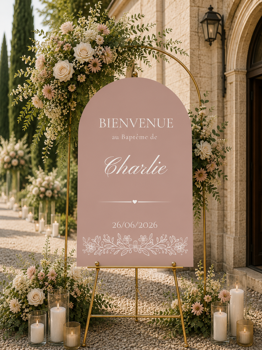 Panneau bienvenue bapteme arche nude rose | Ange