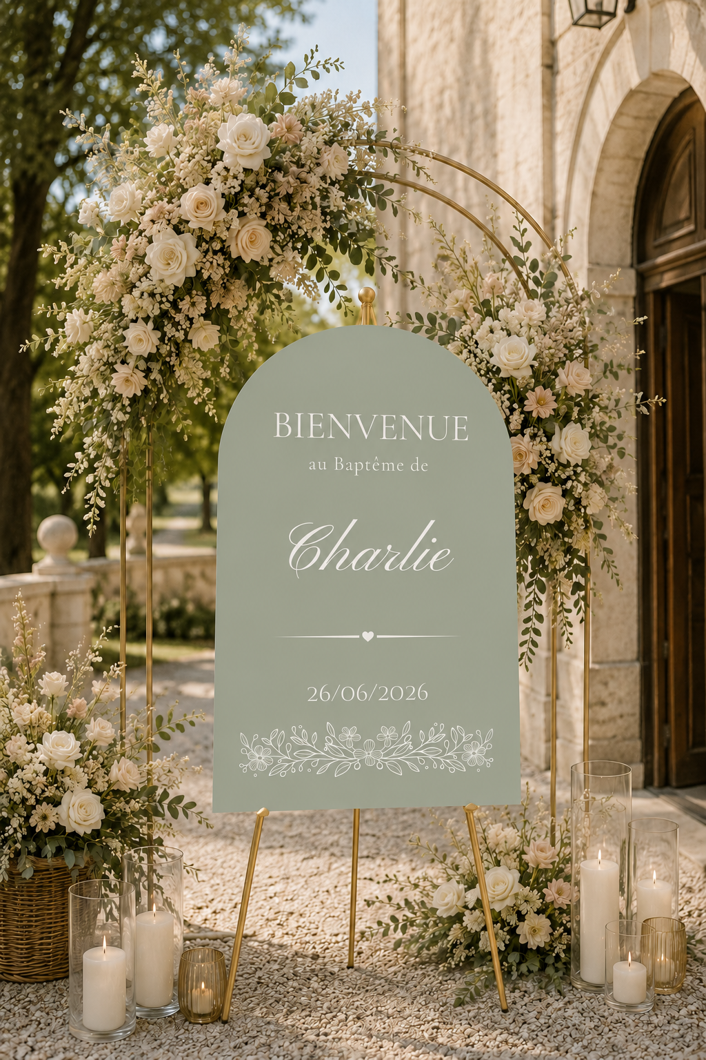 Panneau bienvenue bapteme arche vert sauge | Ange