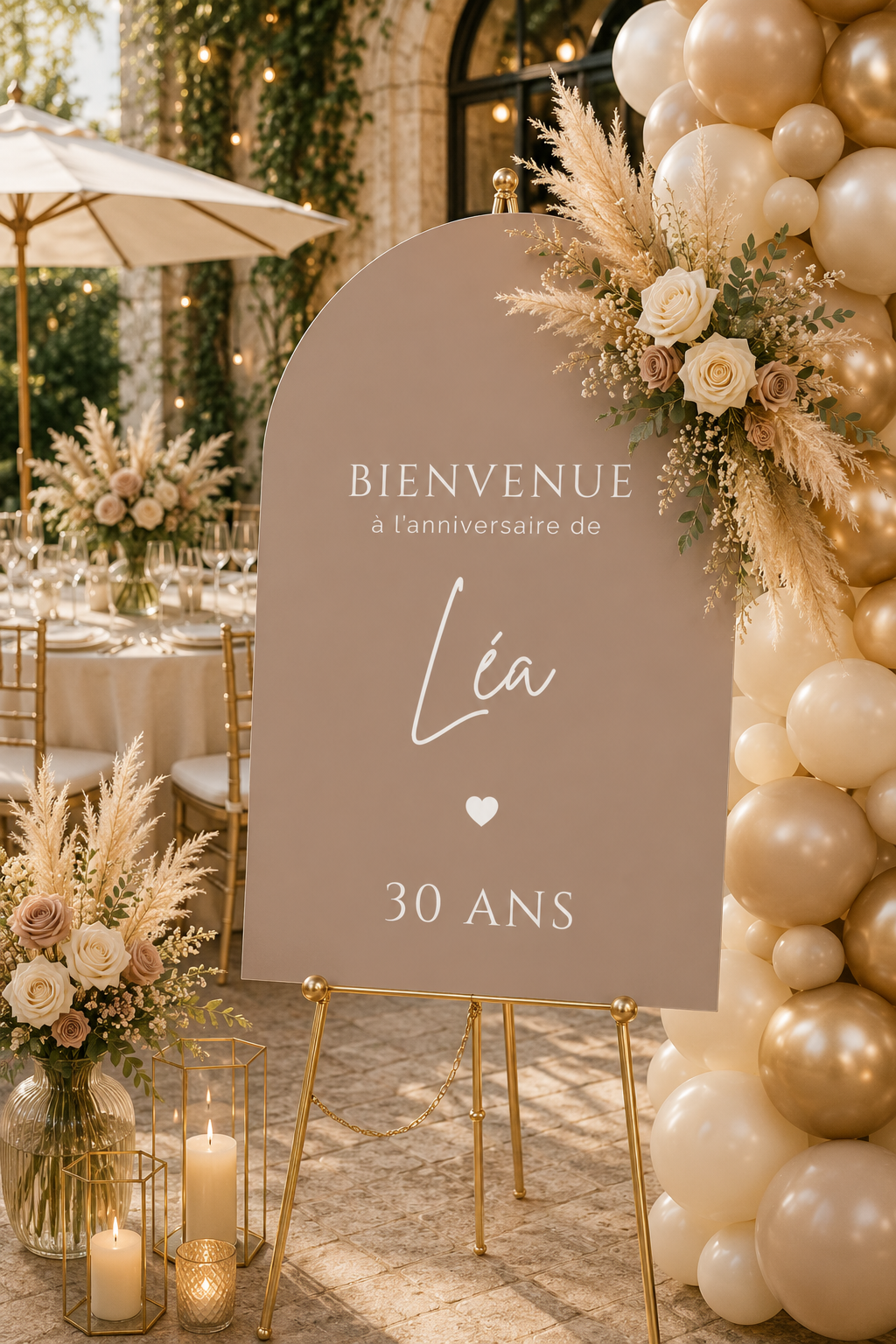 Panneau bienvenue anniversaire personnalisé arche moka latte | Léa