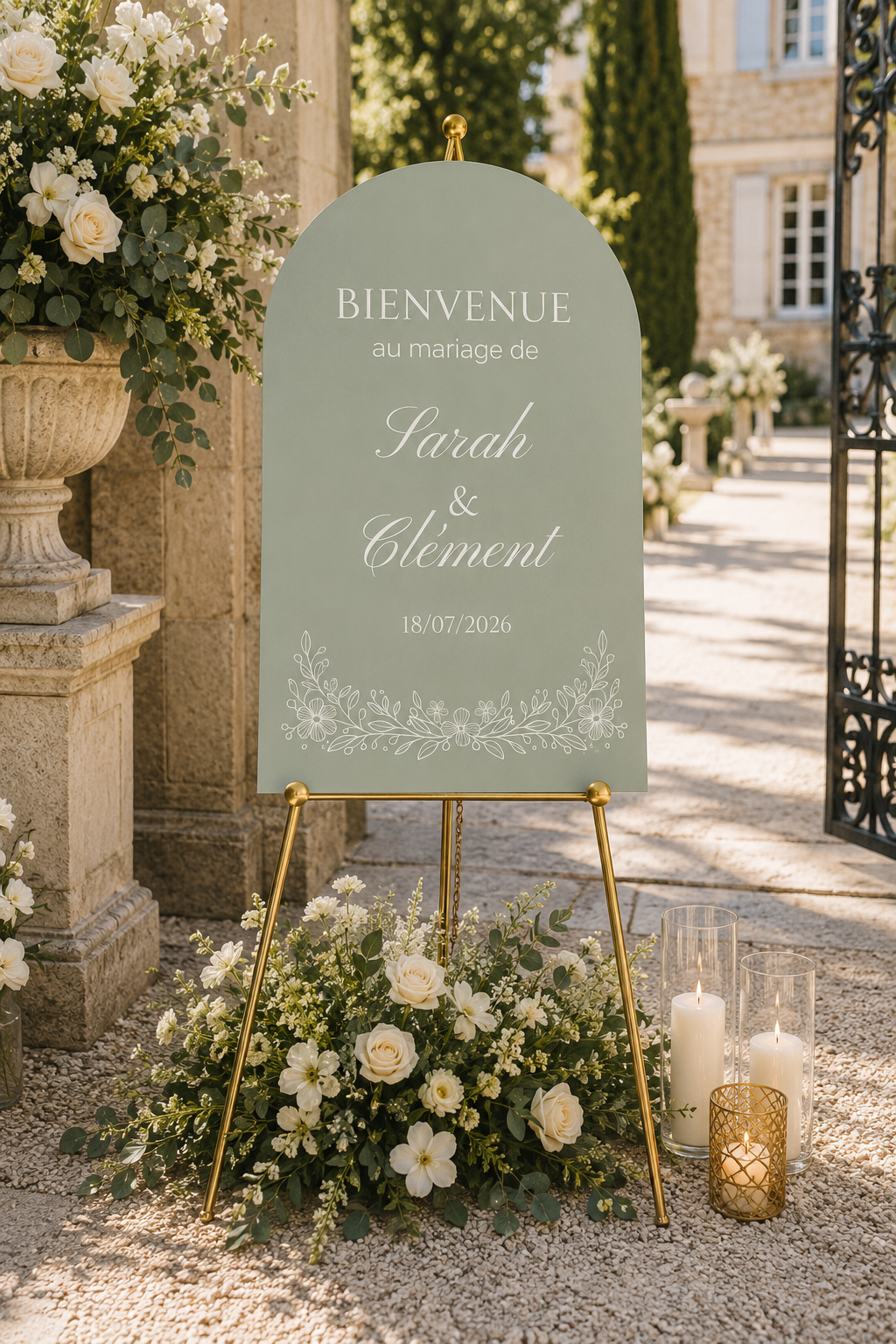 Panneau bienvenue mariage arche vert | Elya