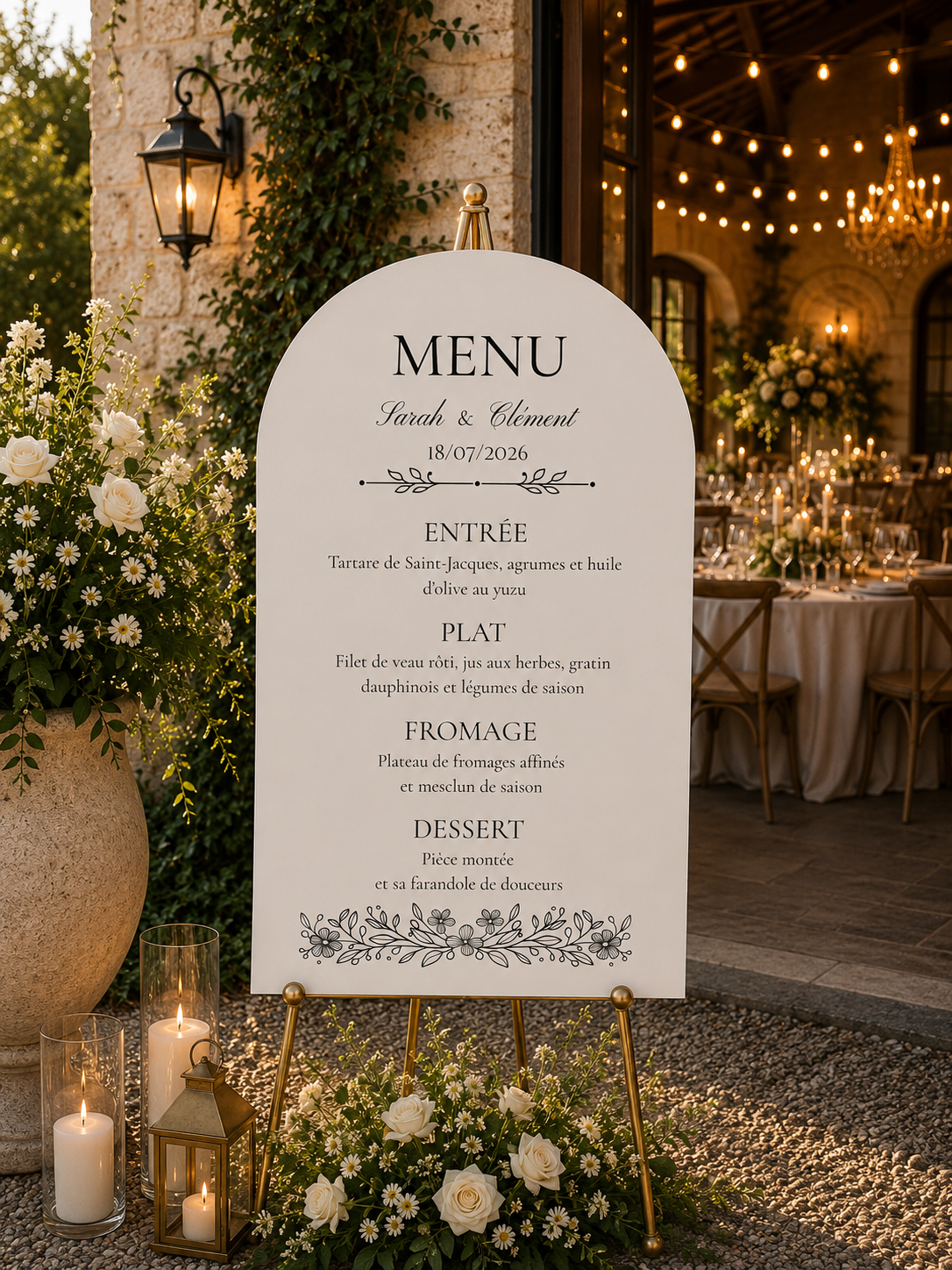 Grand panneau menu de mariage arche blanc signature | Elya