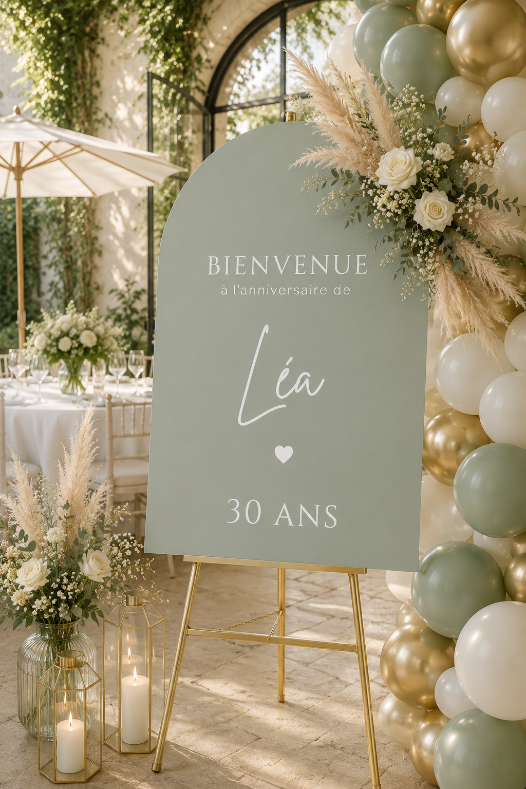 Panneau bienvenue personnalisé anniversaire arche vert sauge | Léa